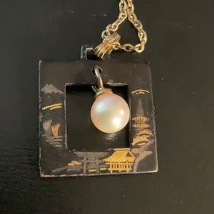 Vintage Japanse Damascene Amita Style pendant with hanging pearl.